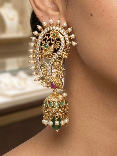 Peacock Nakshi Long Jhumka Earrings