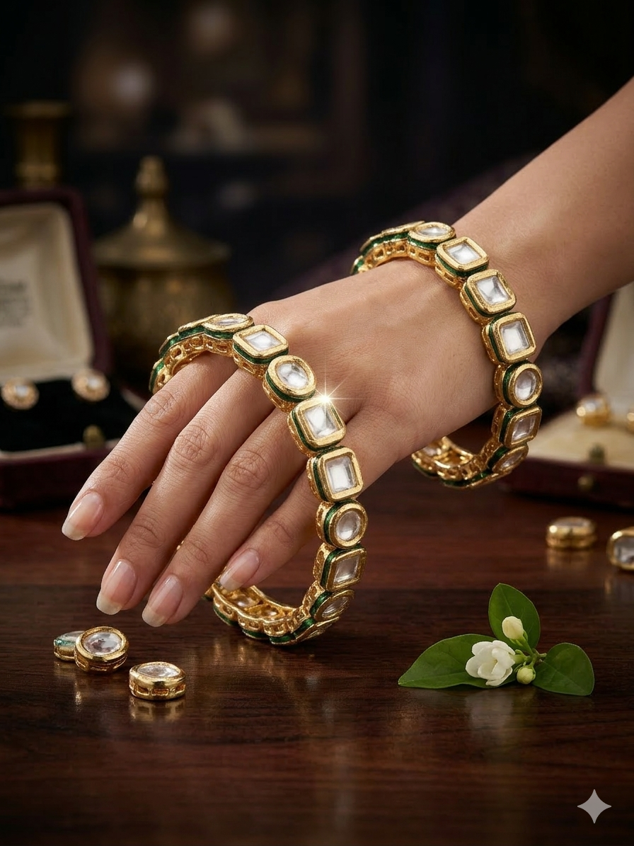 White Pokli Gold Palated Kundan Bangles