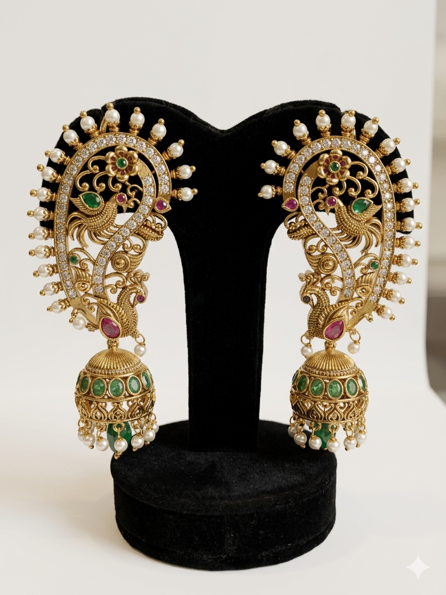 Peacock Nakshi Long Jhumka Earrings