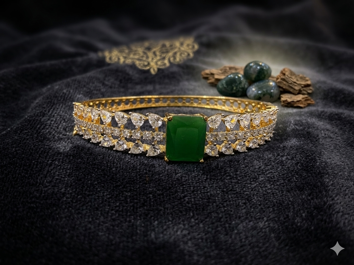 Gold-Plated Emerald and Diamond Kada