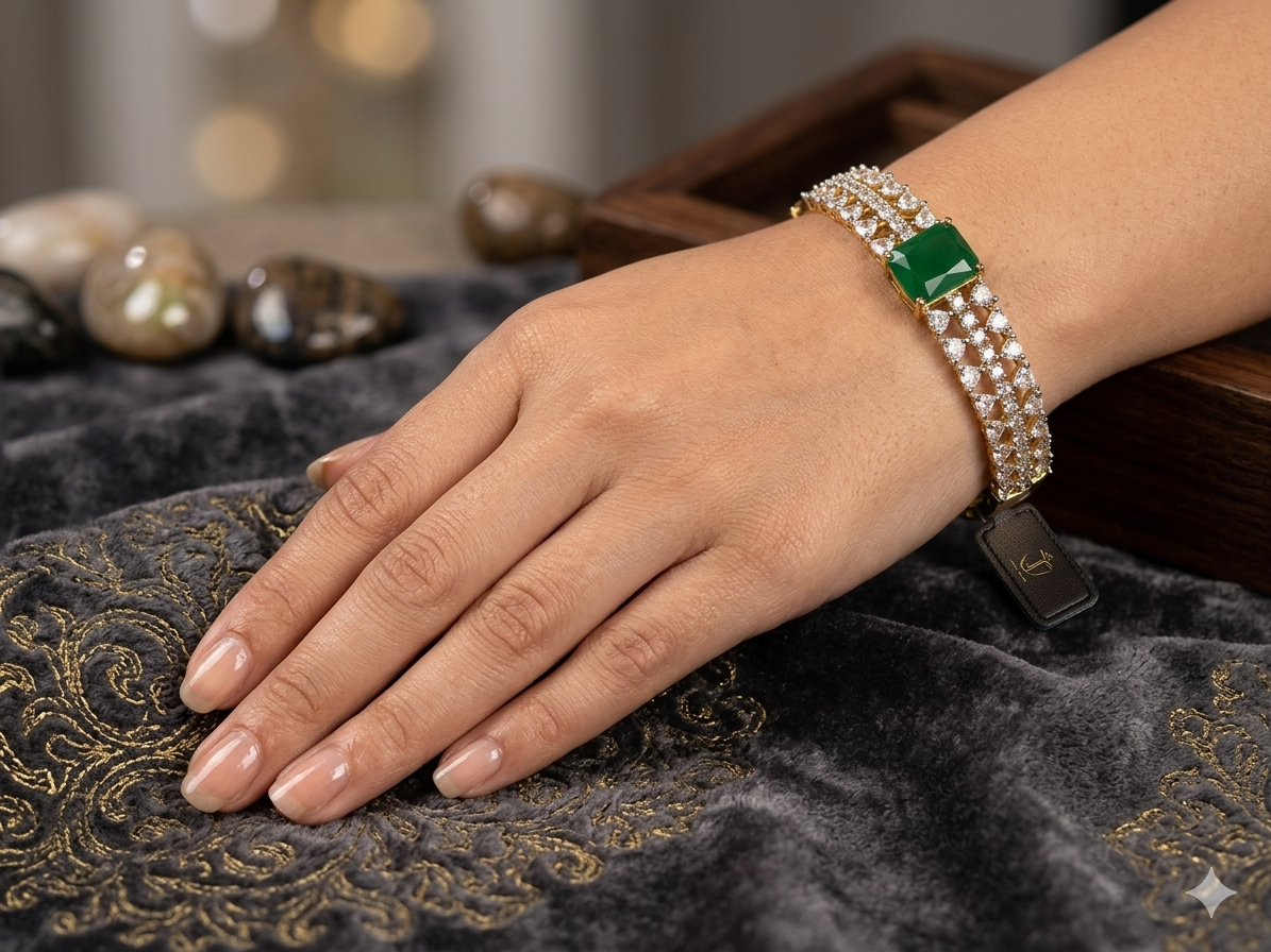 Gold-Plated Emerald and Diamond Kada